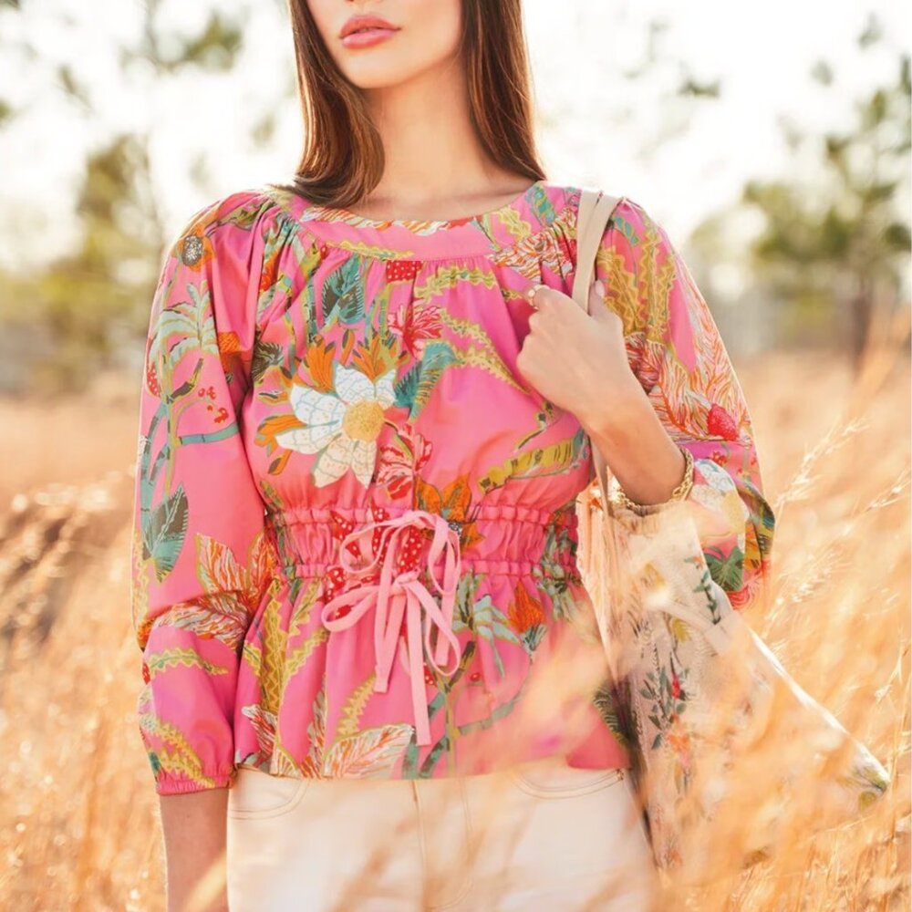 Spartina 449 Collette Long Sleeve Blouse Queen Topiary Pink Boho Cottagecore